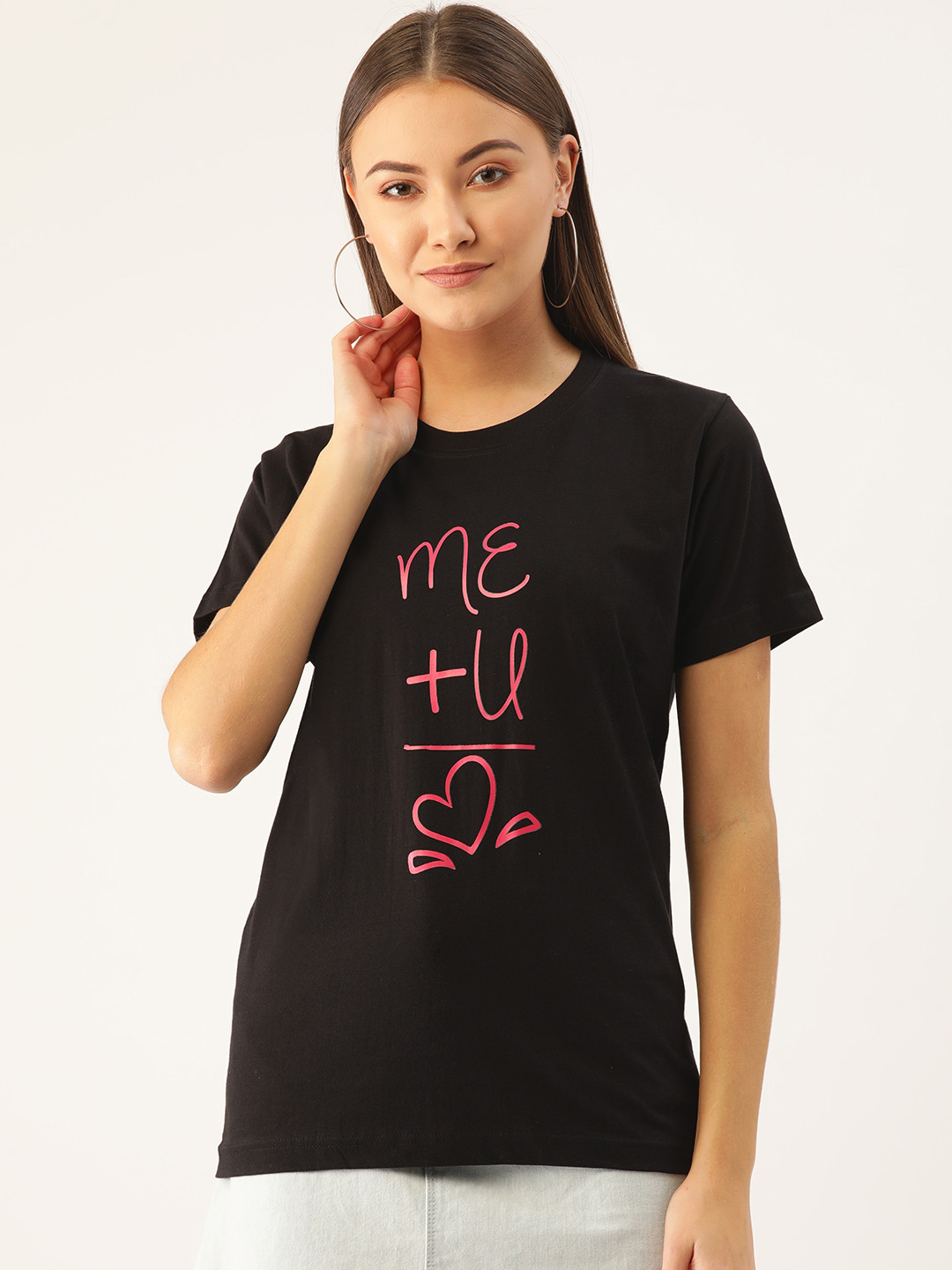 

YOLOCLAN Women Black Pink Printed Round Neck Pure Cotton T-shirt