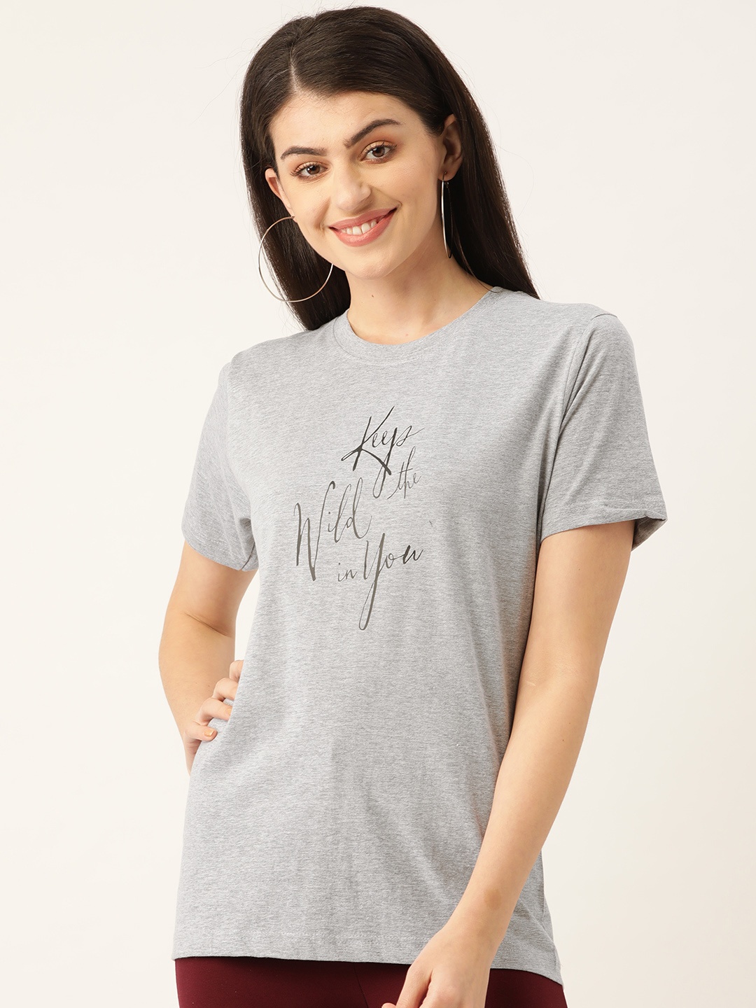 

YOLOCLAN Women Grey Melange & Black Printed Round Neck T-shirt