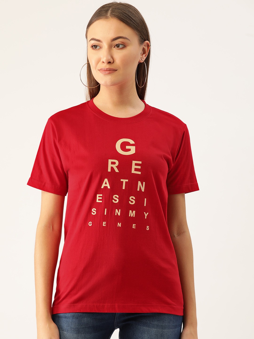 

YOLOCLAN Women Red Beige Printed Round Neck Pure Cotton T-shirt