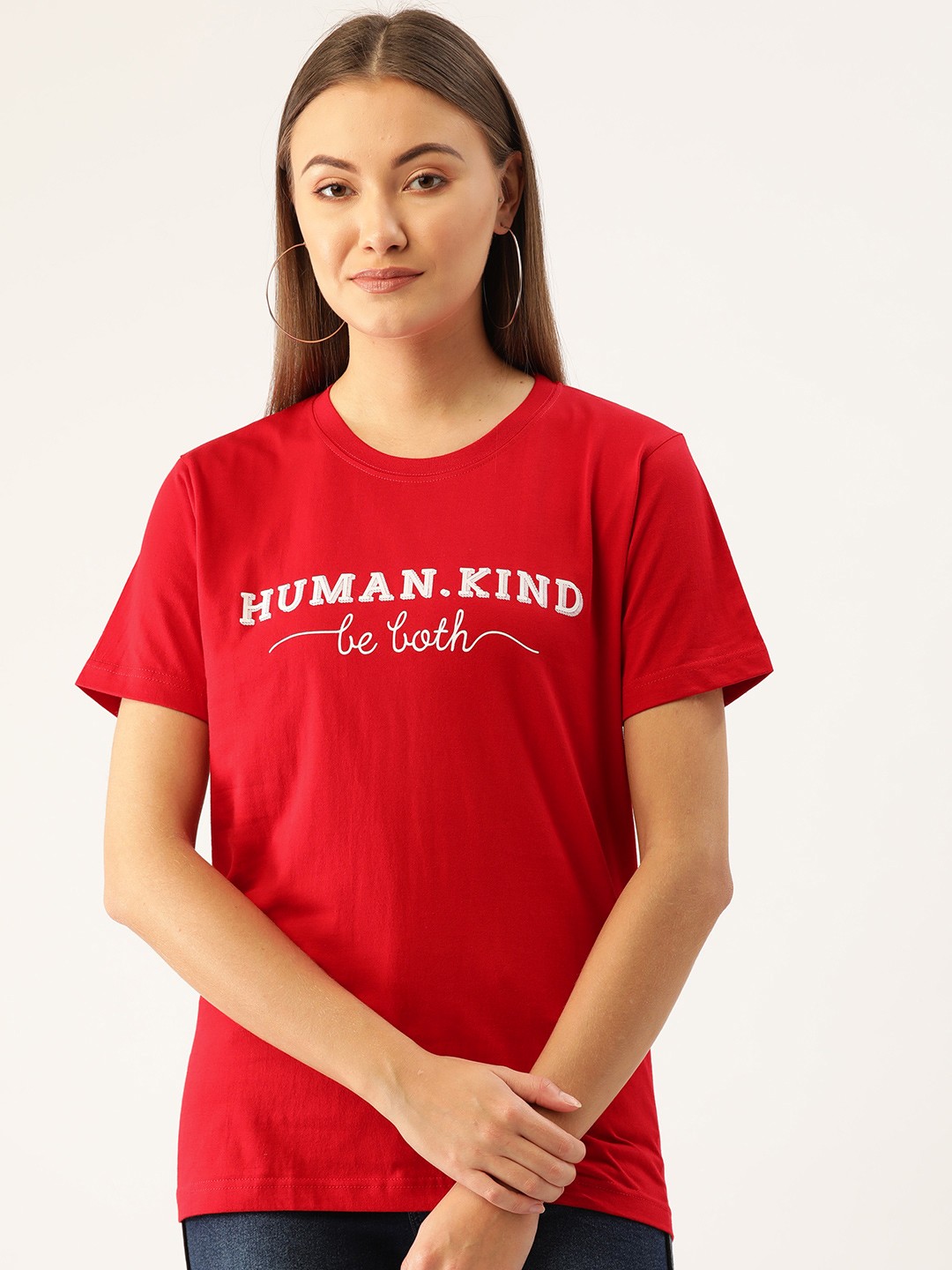 

YOLOCLAN Women Red & White Printed Round Neck T-shirt