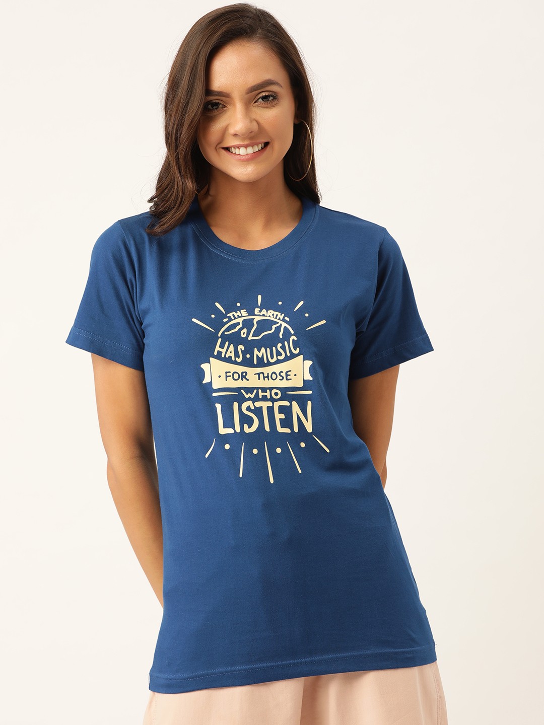 

YOLOCLAN Women Blue Cream-Coloured Printed Round Neck Pure Cotton T-shirt