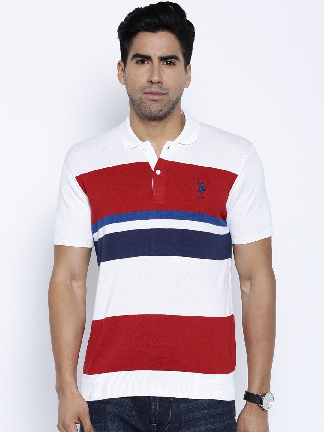 

U.S. Polo Assn. White Red Colourblock Polo Pure Cotton T-shirt