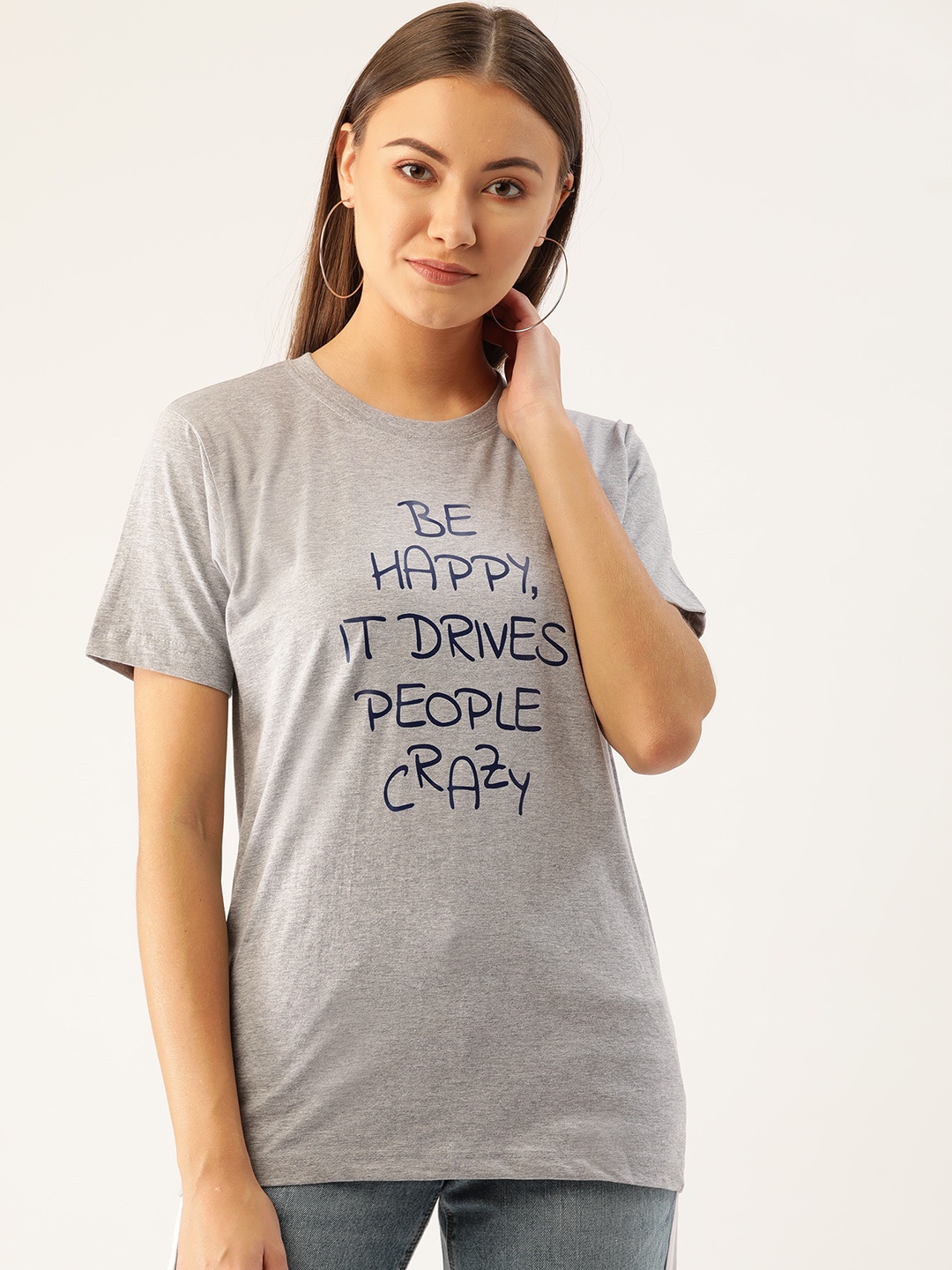 

YOLOCLAN Women Grey Melange Navy Blue Printed Round Neck Pure Cotton T-shirt