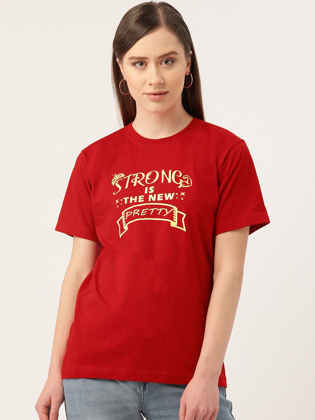 

YOLOCLAN Women Red Yellow Printed Round Neck Pure Cotton T-shirt
