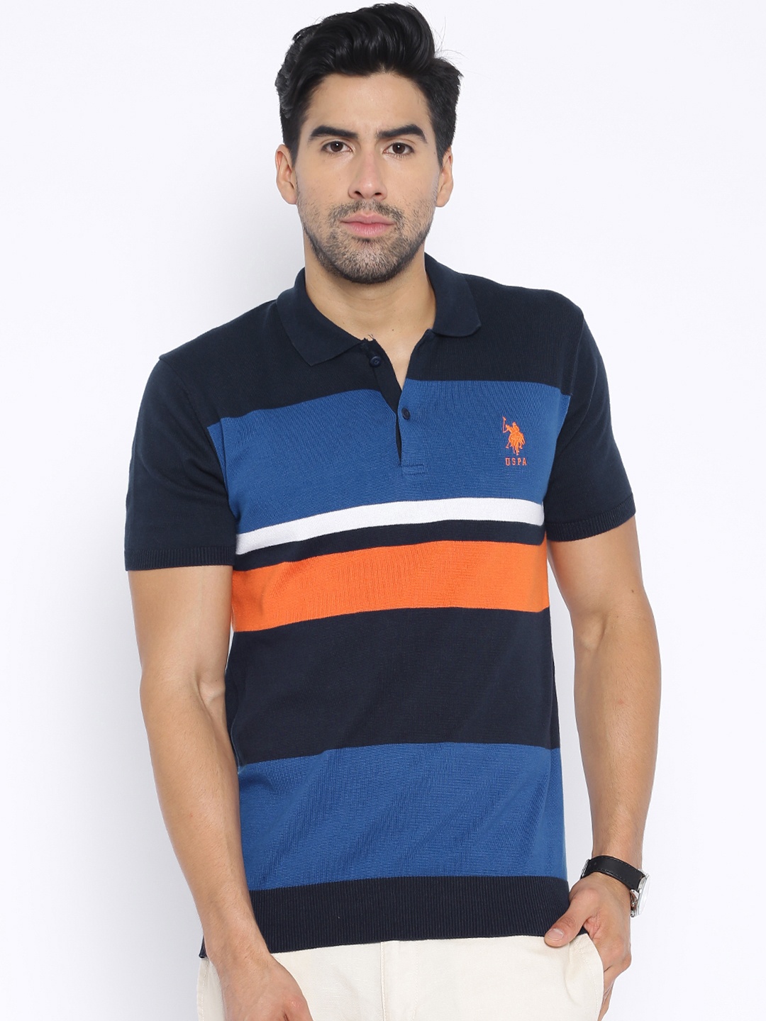 

U.S. Polo Assn. Navy Striped Polo Pure Cotton T-shirt, Navy blue