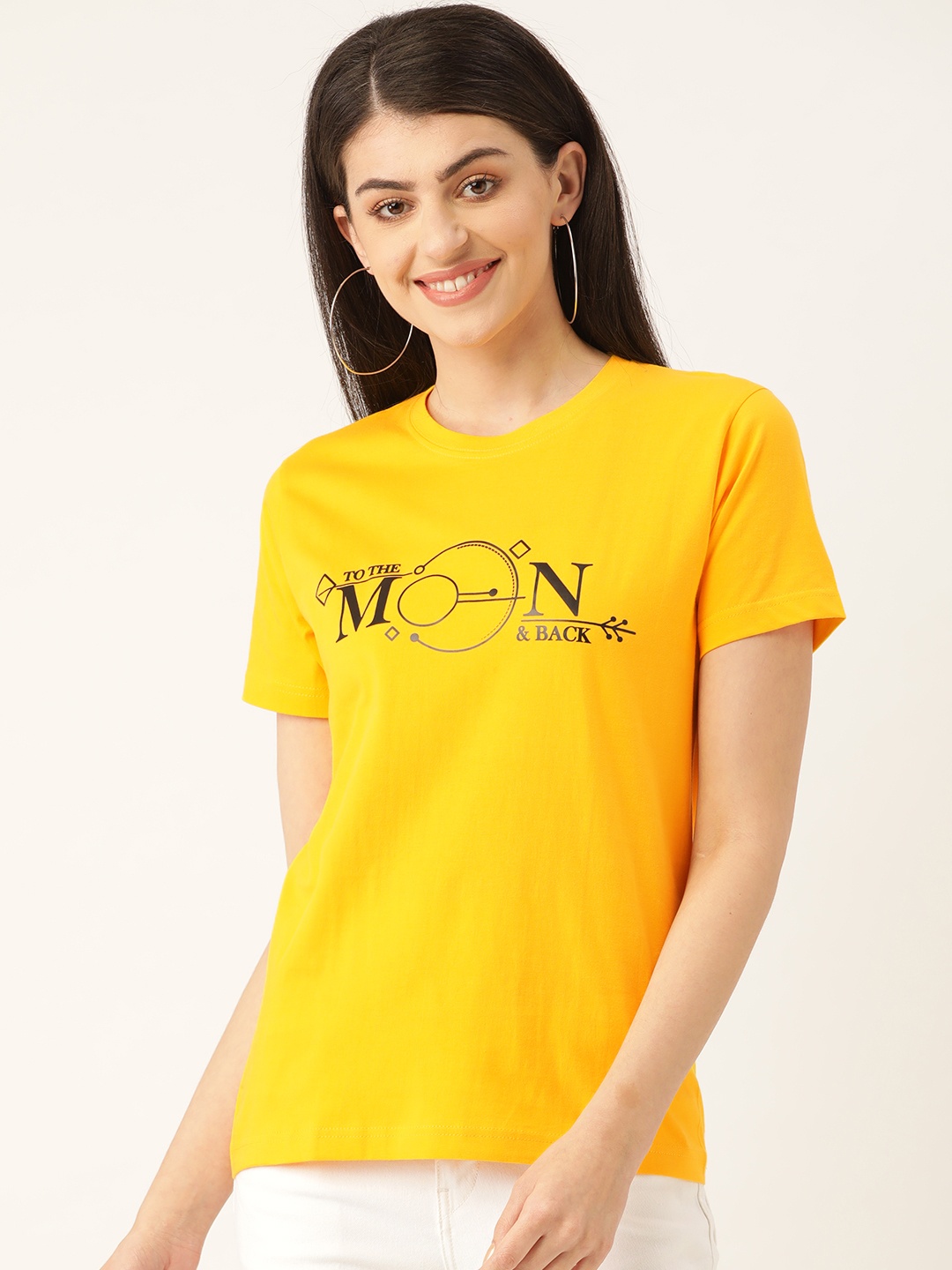 

YOLOCLAN Women Yellow Black Printed Round Neck Pure Cotton T-shirt