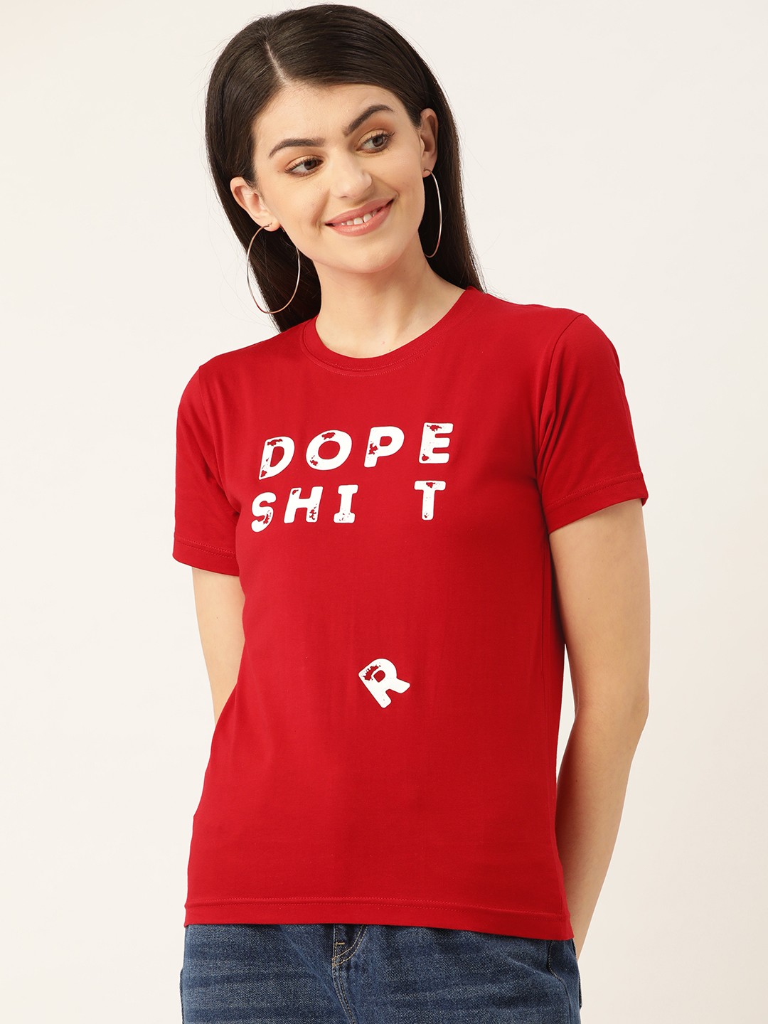 

YOLOCLAN Women Red & White Printed Round Neck T-shirt