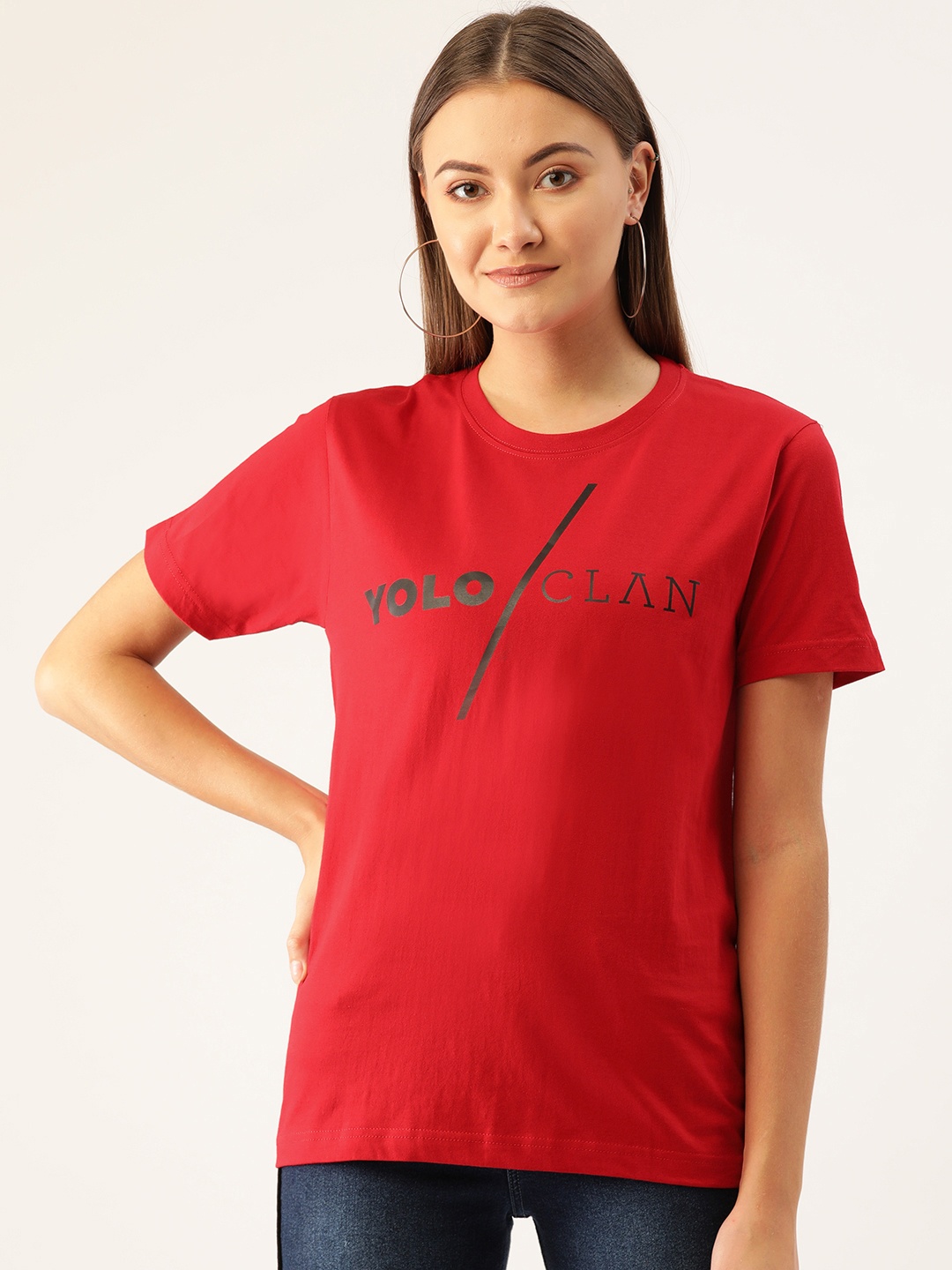 

YOLOCLAN Women Red & Black Printed Round Neck T-shirt