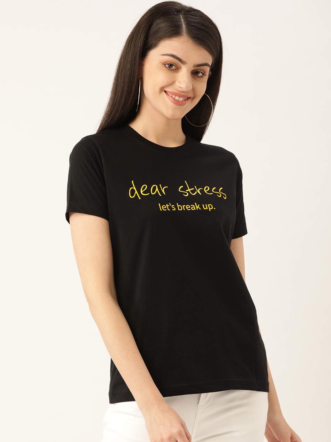 

YOLOCLAN Women Black Yellow Printed Round Neck Pure Cotton T-shirt