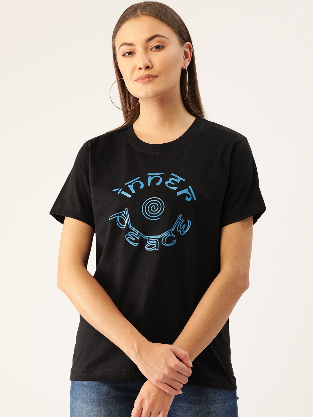 

YOLOCLAN Women Black & Blue Printed Round Neck T-shirt