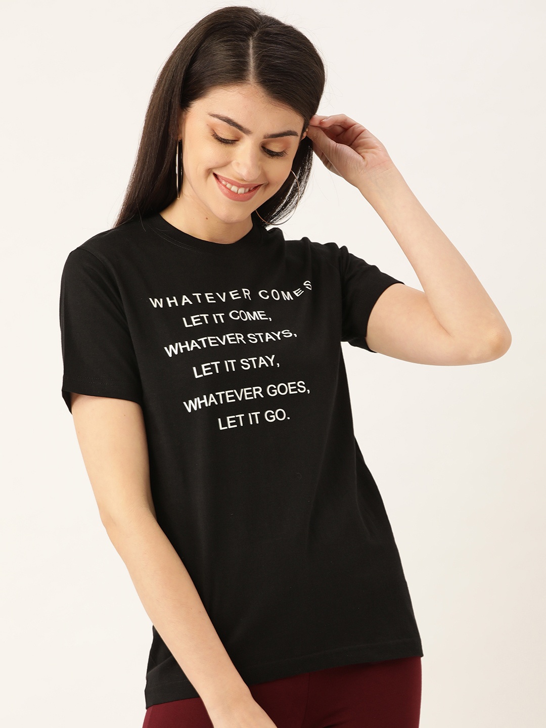 

YOLOCLAN Women Black & White Printed Round Neck T-shirt
