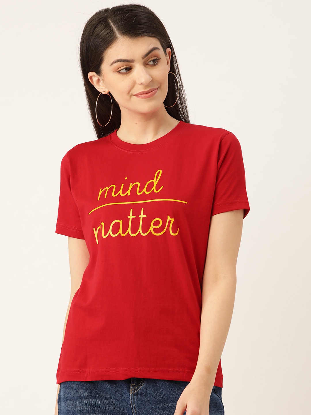 

YOLOCLAN Women Red & Yellow Printed Round Neck T-shirt