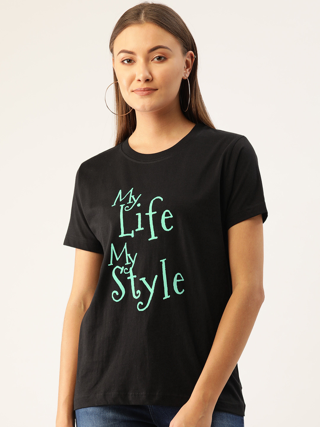 

YOLOCLAN Women Black Sea Green Printed Round Neck Pure Cotton T-shirt