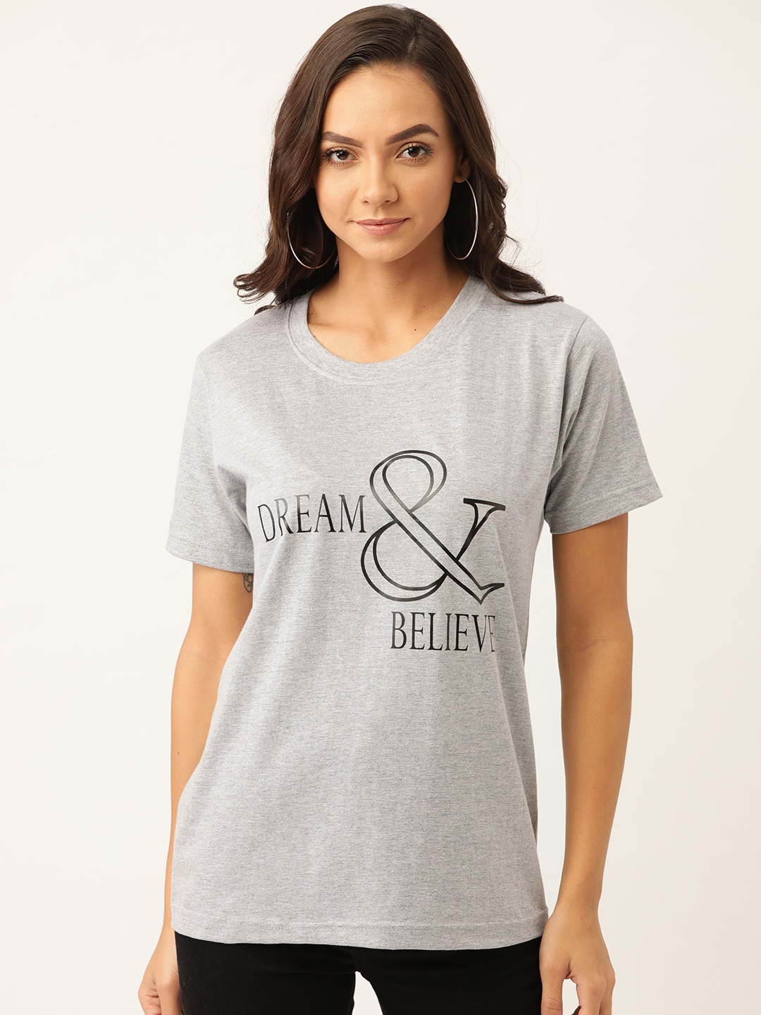 

YOLOCLAN Women Grey Melange Black Printed Round Neck Pure Cotton T-shirt