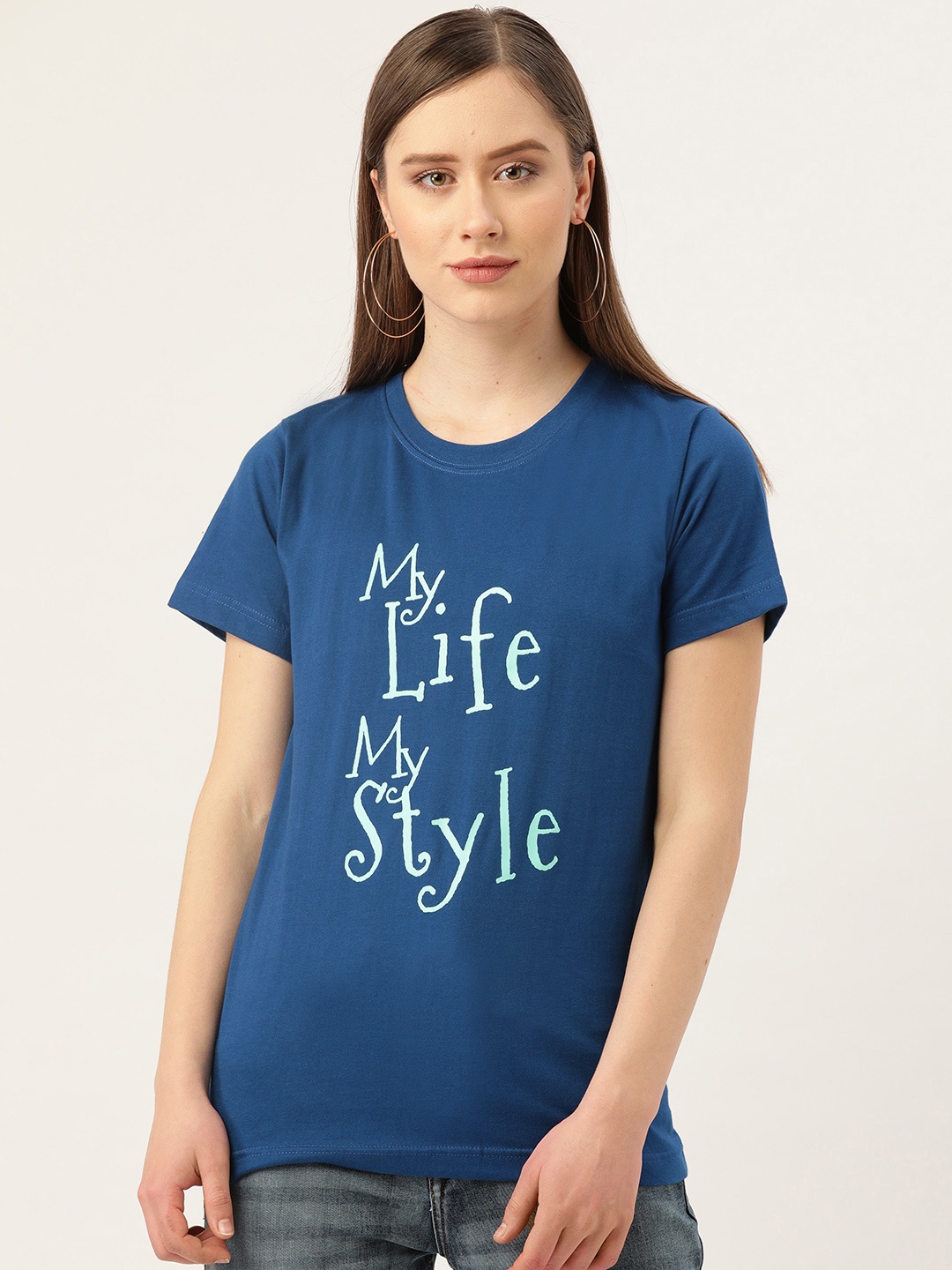 

YOLOCLAN Women Blue Printed Round Neck Pure Cotton T-shirt