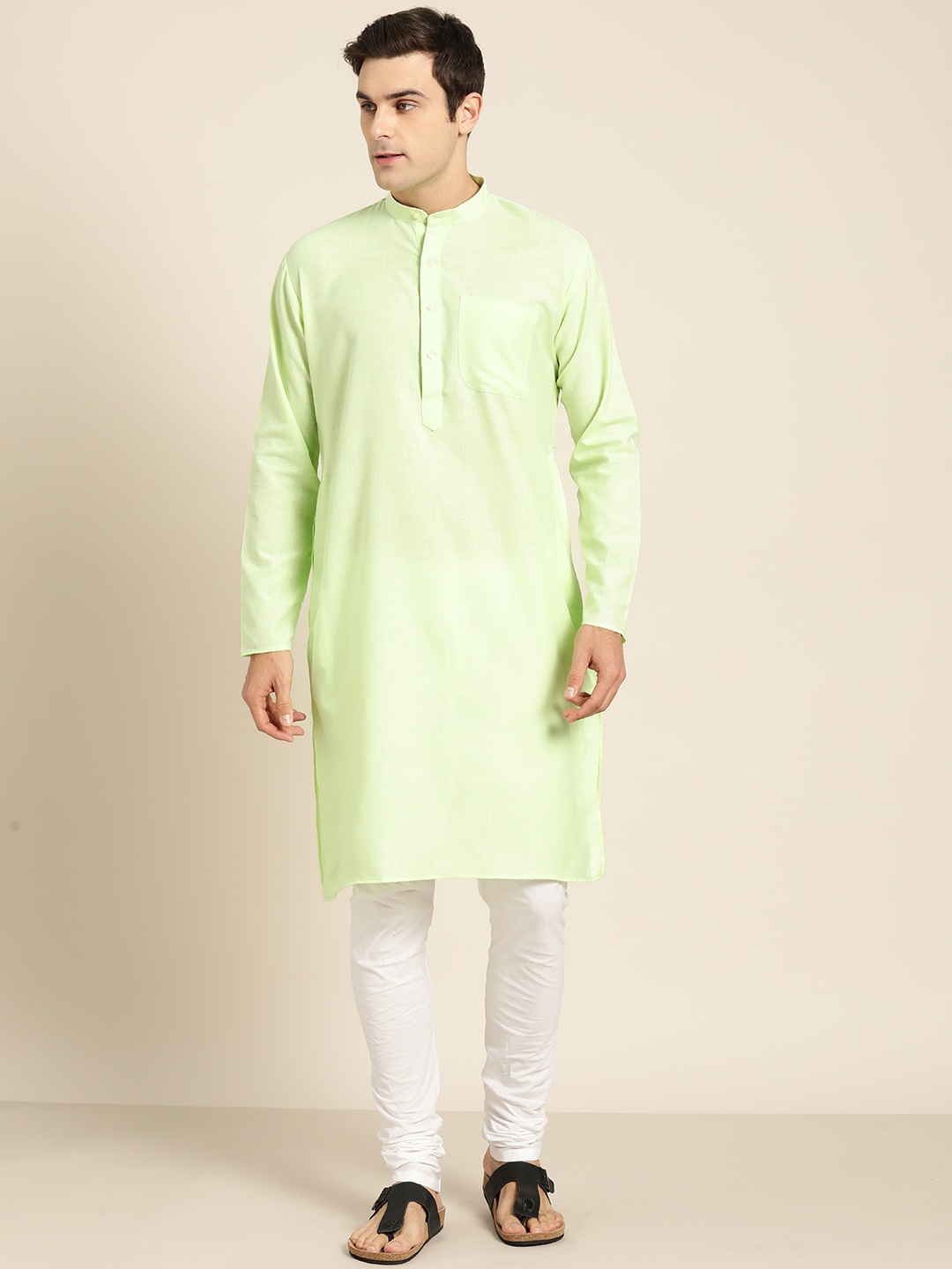 

SOJANYA Men Lime Green Solid Straight Kurta