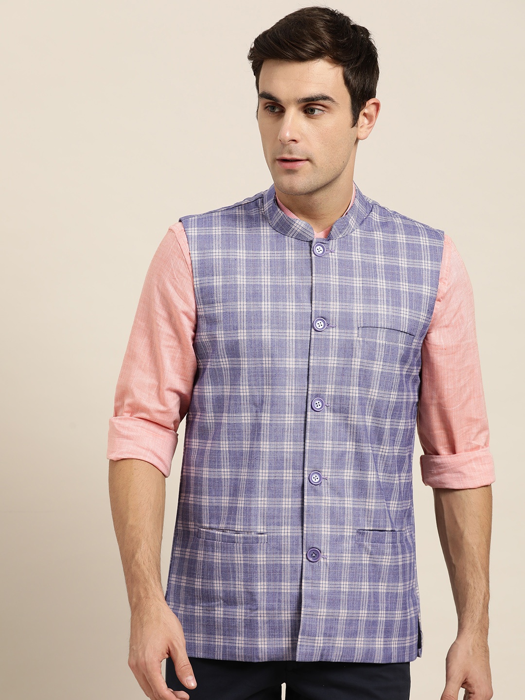 

SOJANYA Men Blue & Off-White Checked Nehru Jacket