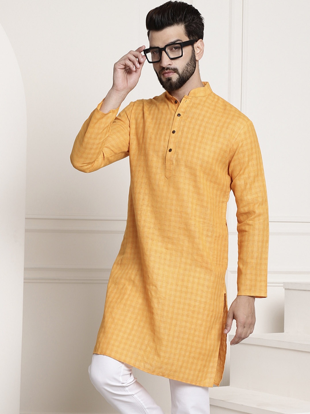 

SOJANYA Men Mustard Yellow Dobby Self-Checked Straight Kurta