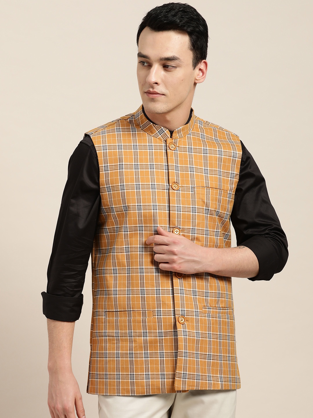 

SOJANYA Men Mustard Brown & Olive Brown Checked Nehru Jacket