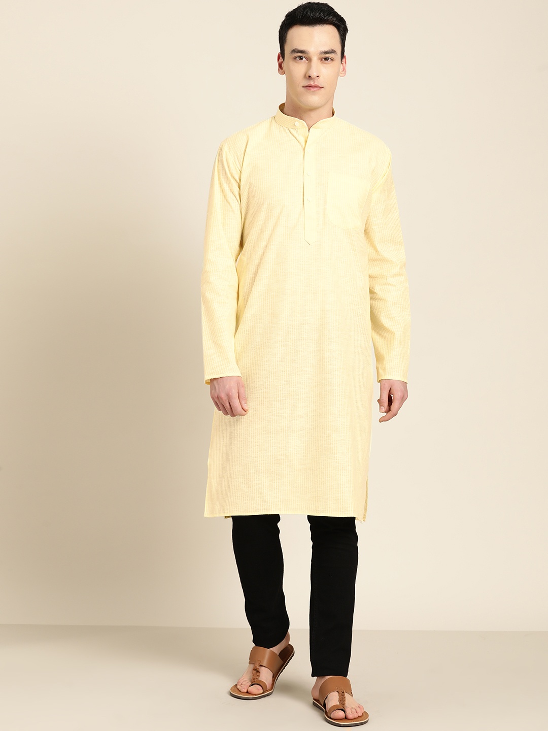 

SOJANYA Men Yellow & White Striped Straight Kurta