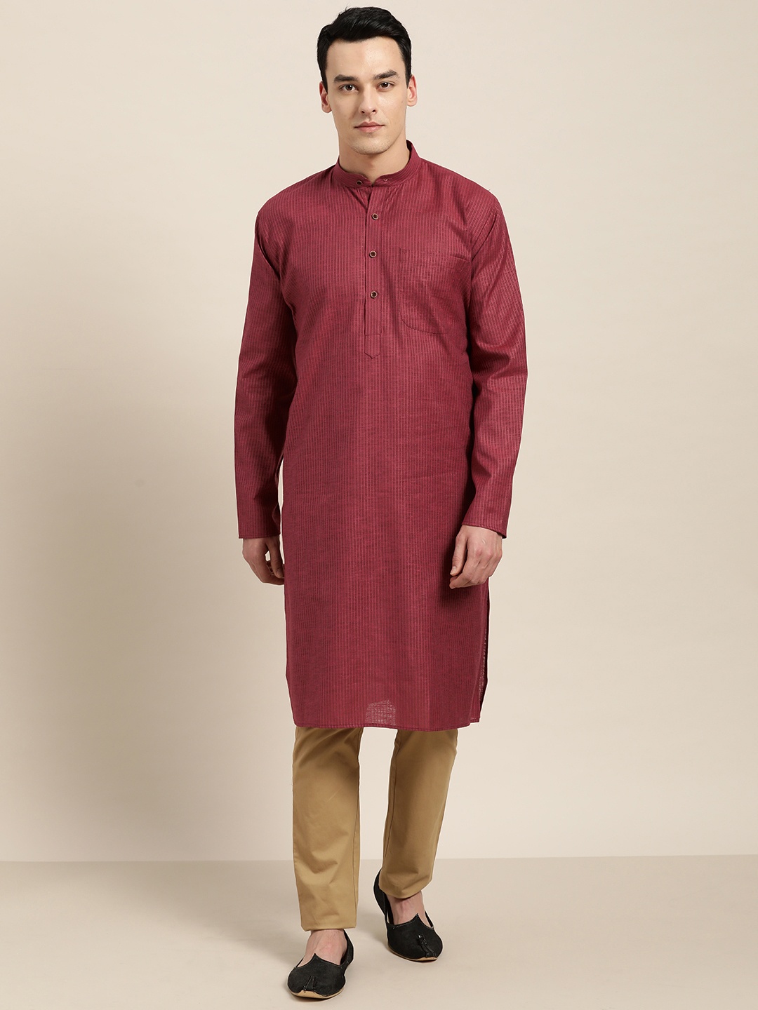 

SOJANYA Men Maroon Striped Straight Kurta