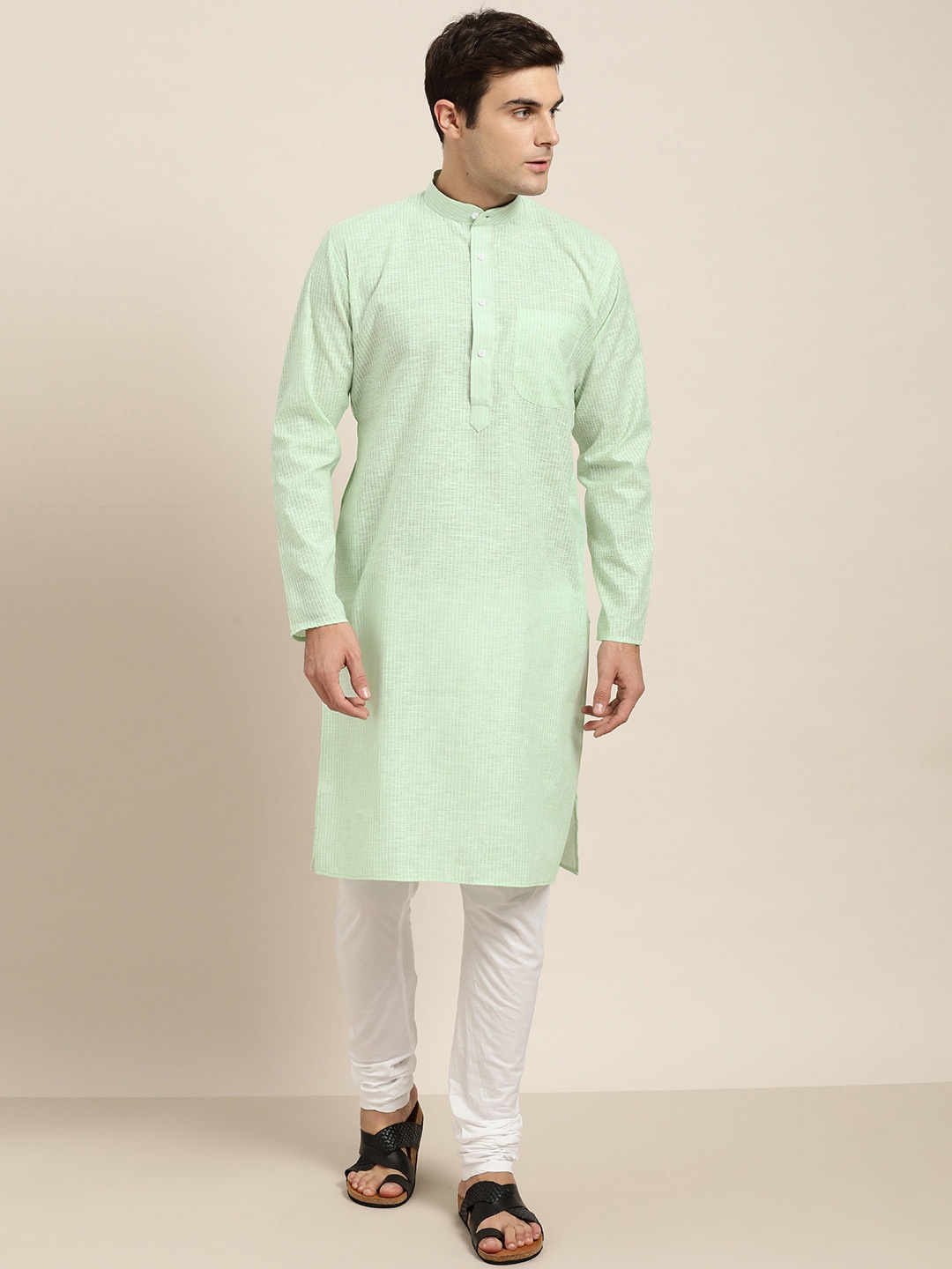 

SOJANYA Men Sea Green & White Striped Straight Kurta