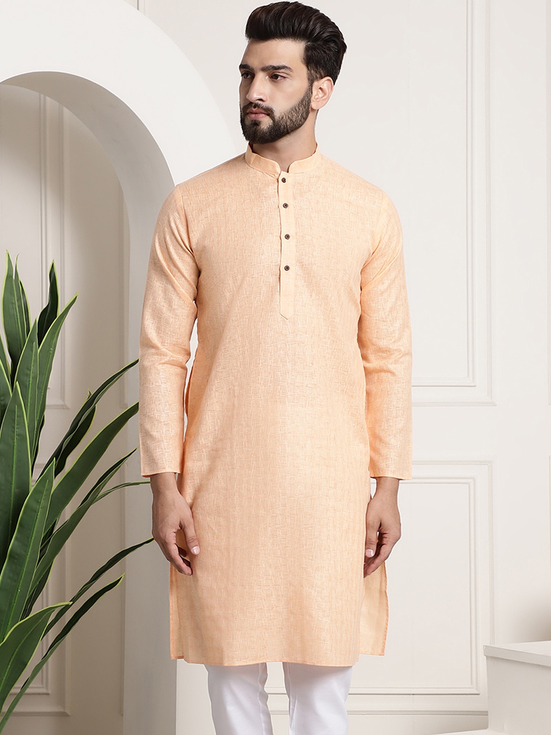 

SOJANYA Men Peach-Coloured Dobby Self-Checked Straight Kurta