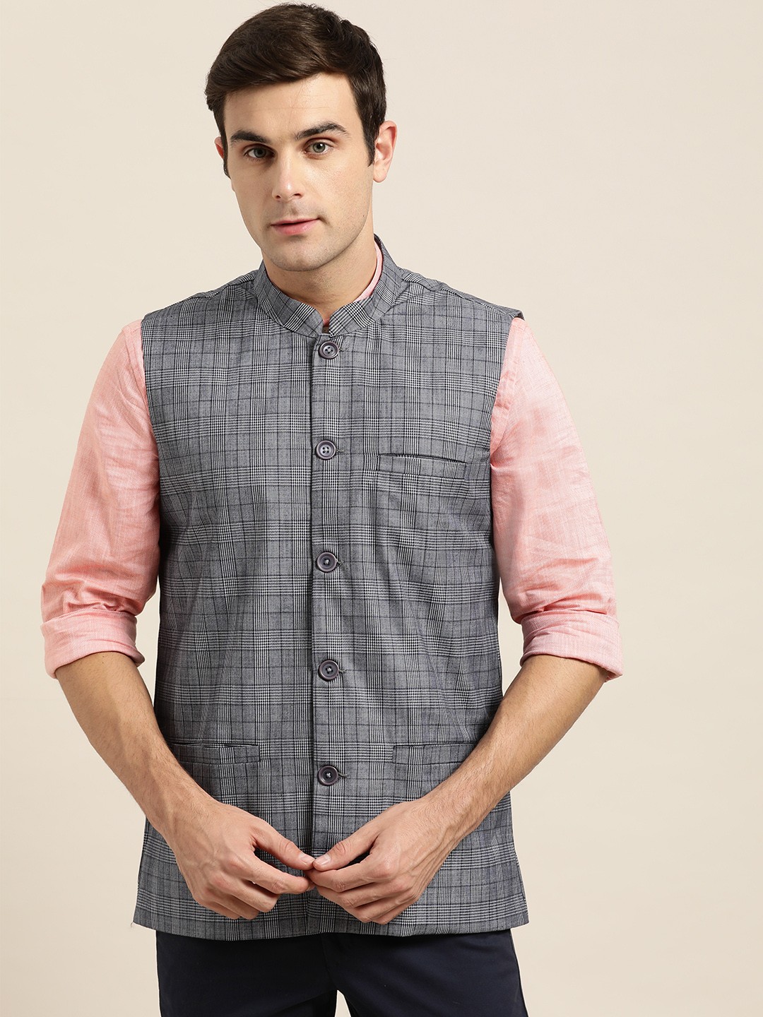 

SOJANYA Men Navy Blue & White Checked Nehru Jacket