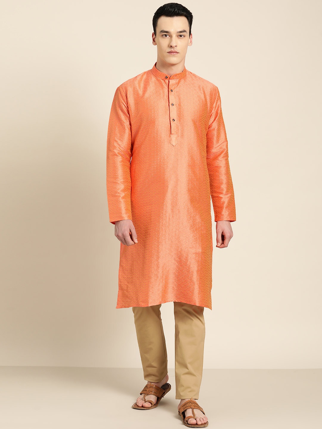 

SOJANYA Men Orange Woven Design Straight Kurta