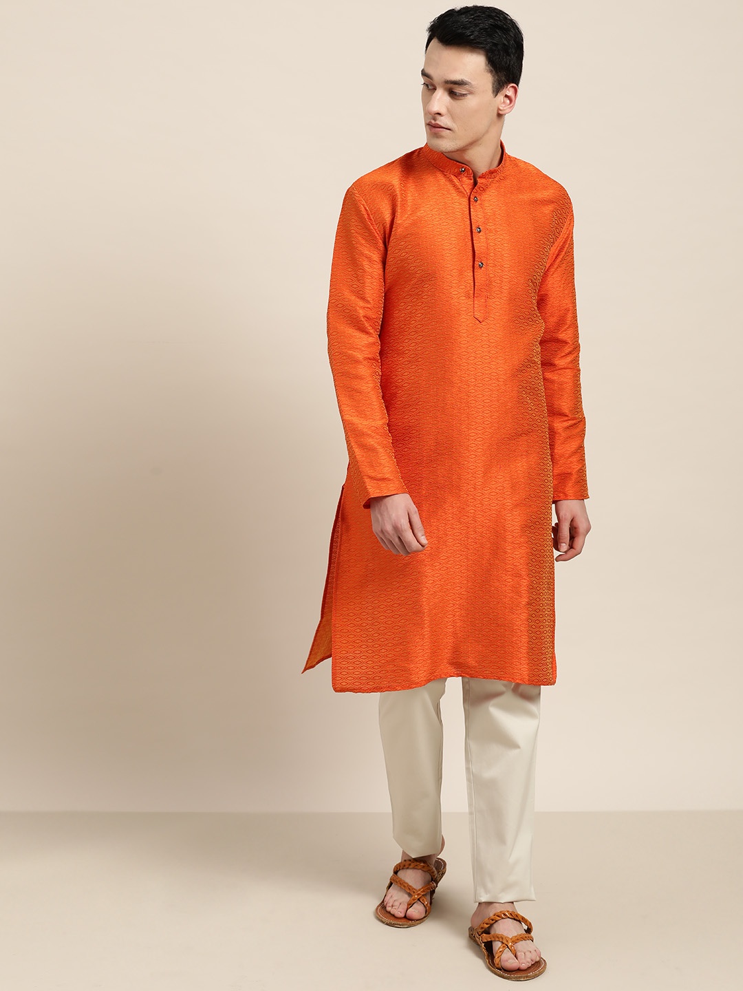 

SOJANYA Men Orange Woven Design Straight Kurta