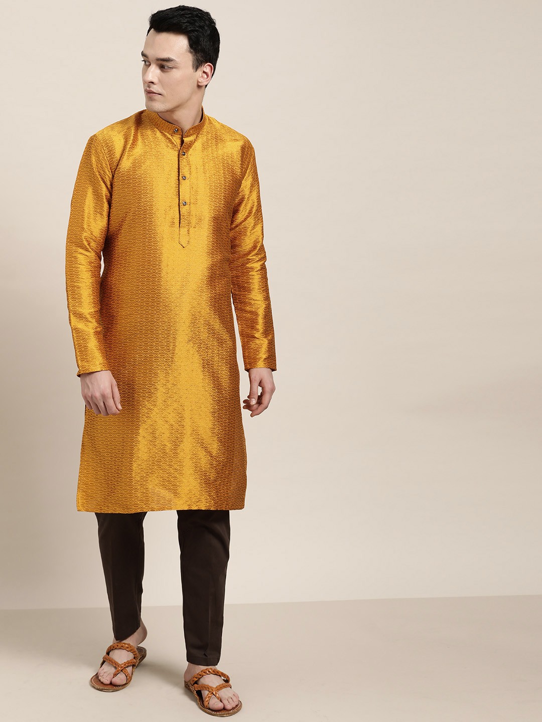 

SOJANYA Men Mustard Yellow Woven Design Straight Kurta