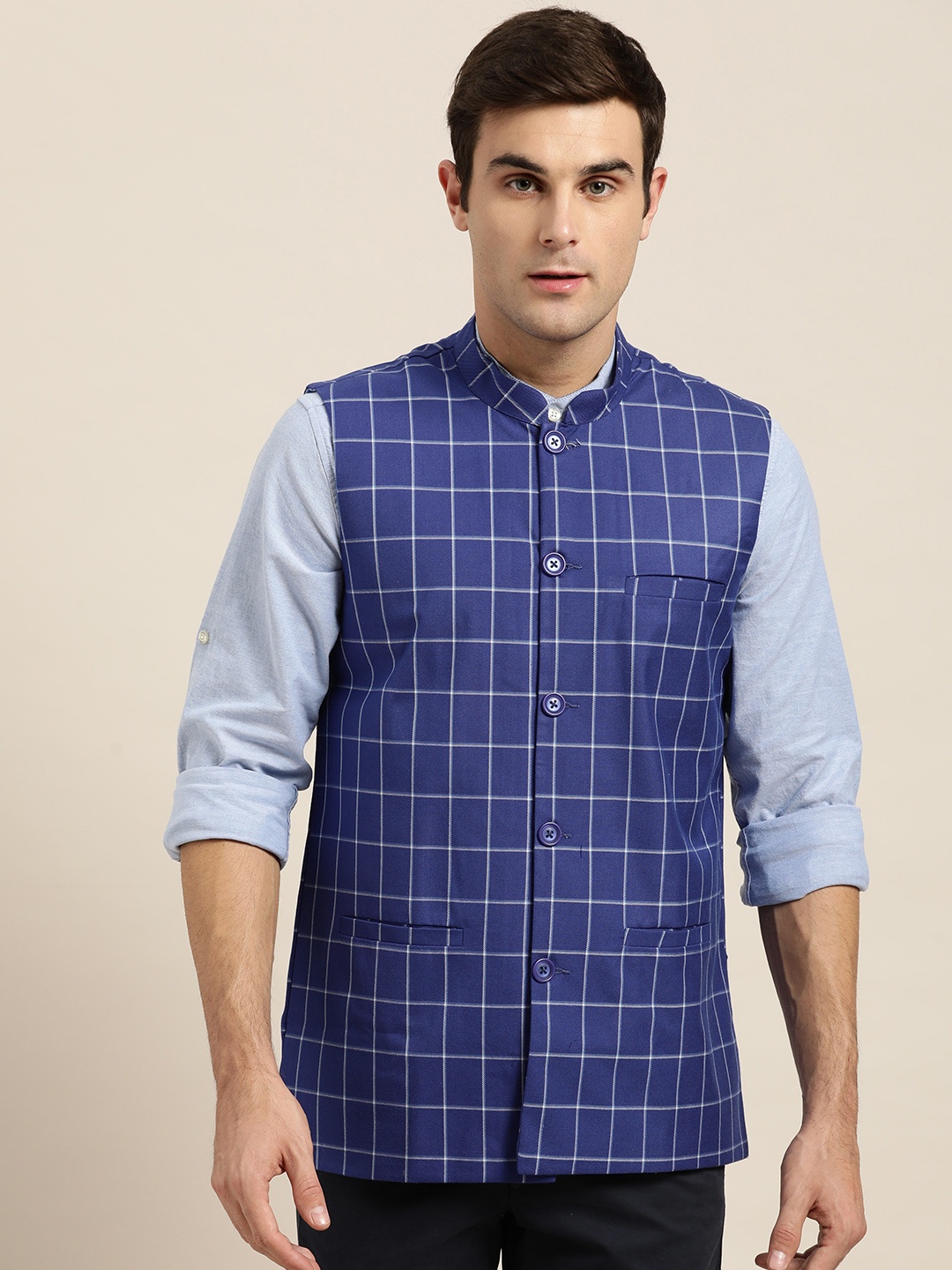 

SOJANYA Men Blue & White Checked Nehru Jacket