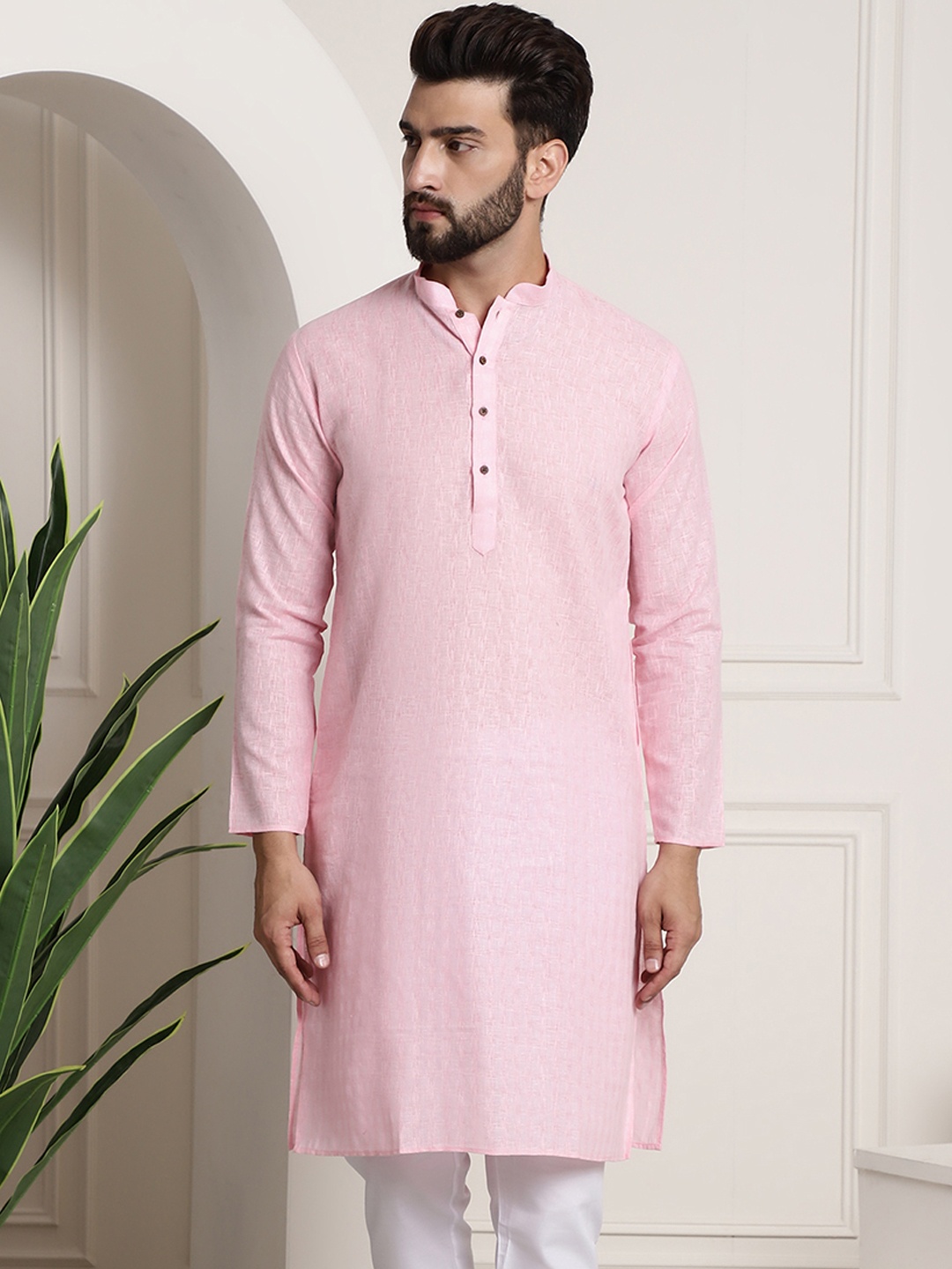 

SOJANYA Men Pink Dobby Self-Checked Straight Kurta