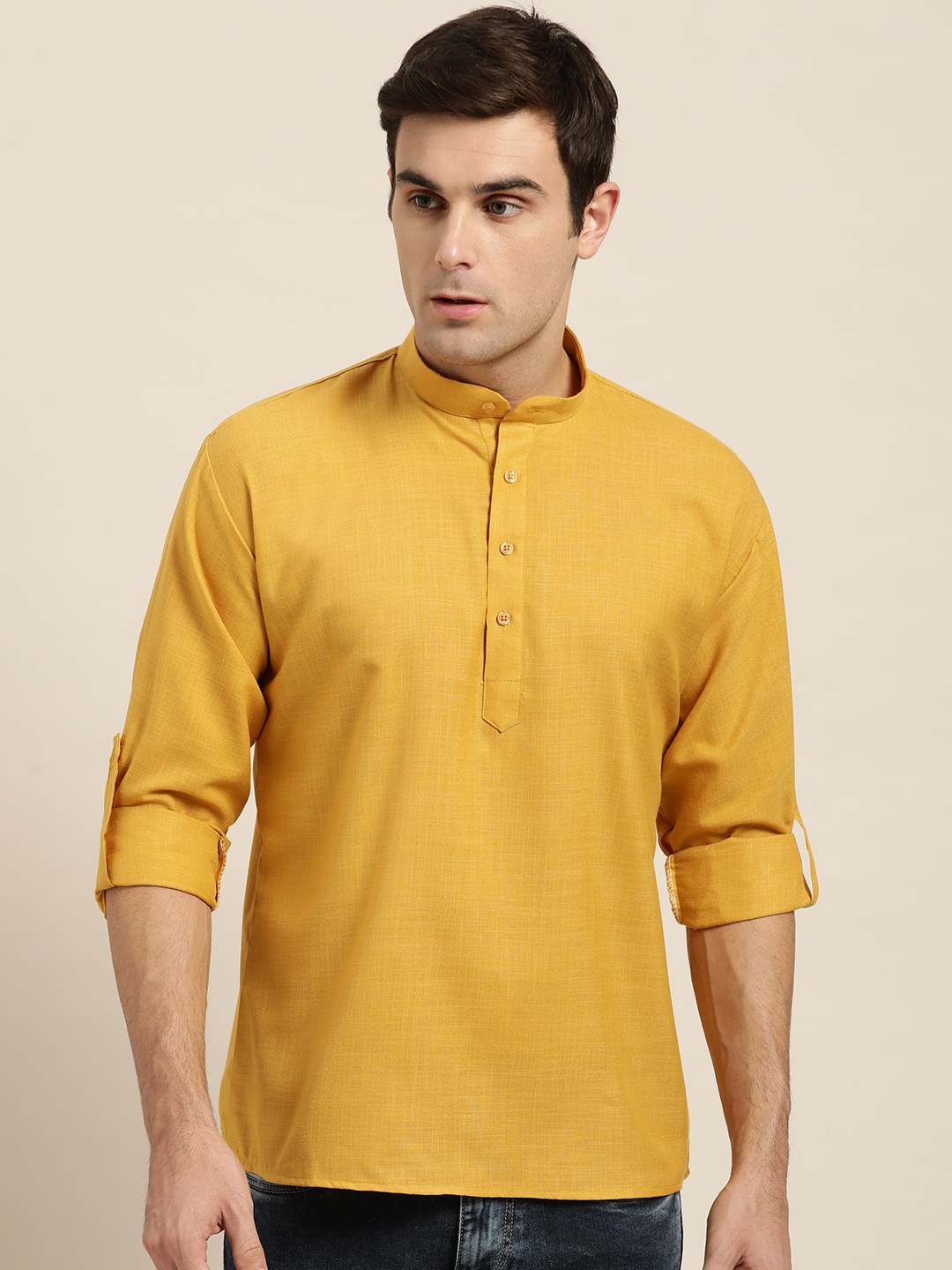 

SOJANYA Men Mustard Yellow Solid Straight Kurta