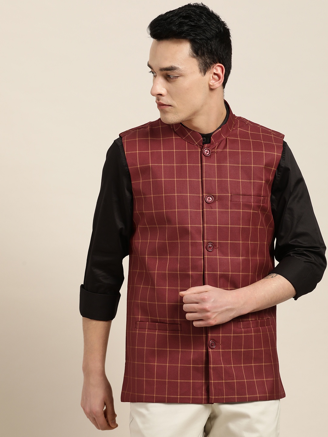 

SOJANYA Men Maroon & Mustard Yellow Checked Nehru Jacket