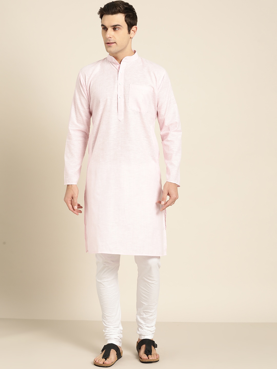 

SOJANYA Men Pink & White Striped Straight Kurta