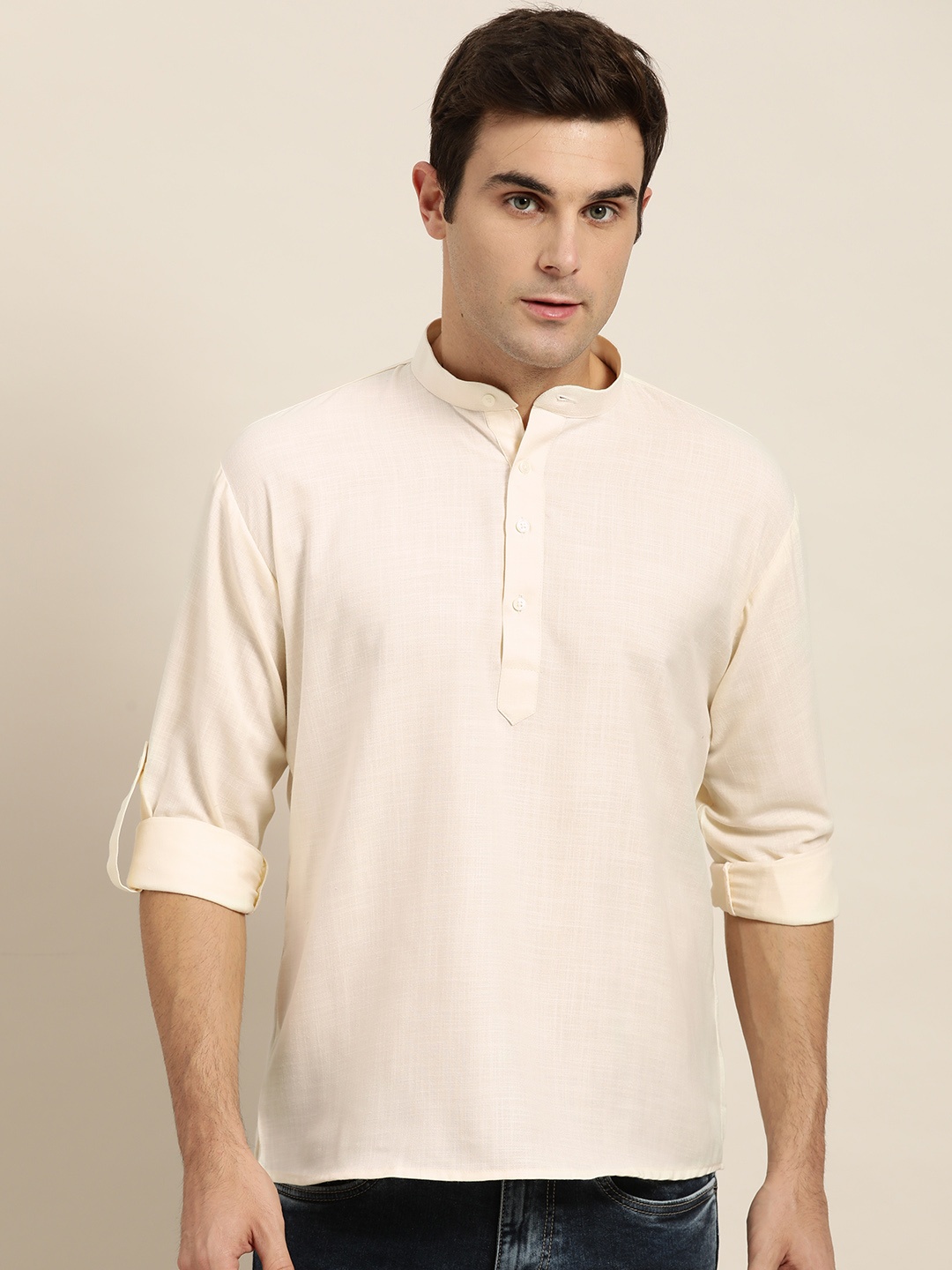 

SOJANYA Men Cream-Coloured Solid Straight Kurta