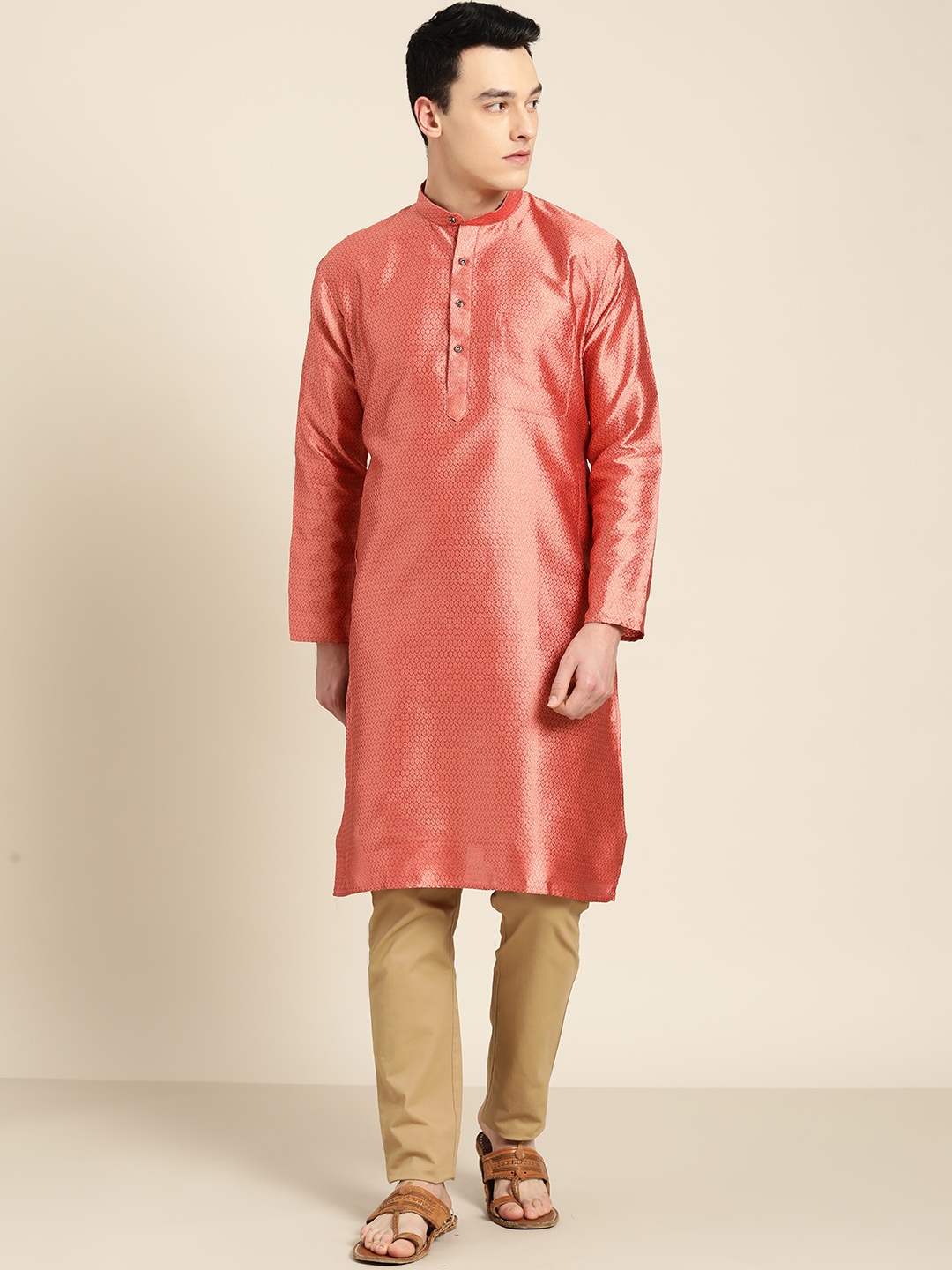 

SOJANYA Men Peach-Coloured Woven Design Straight Kurta