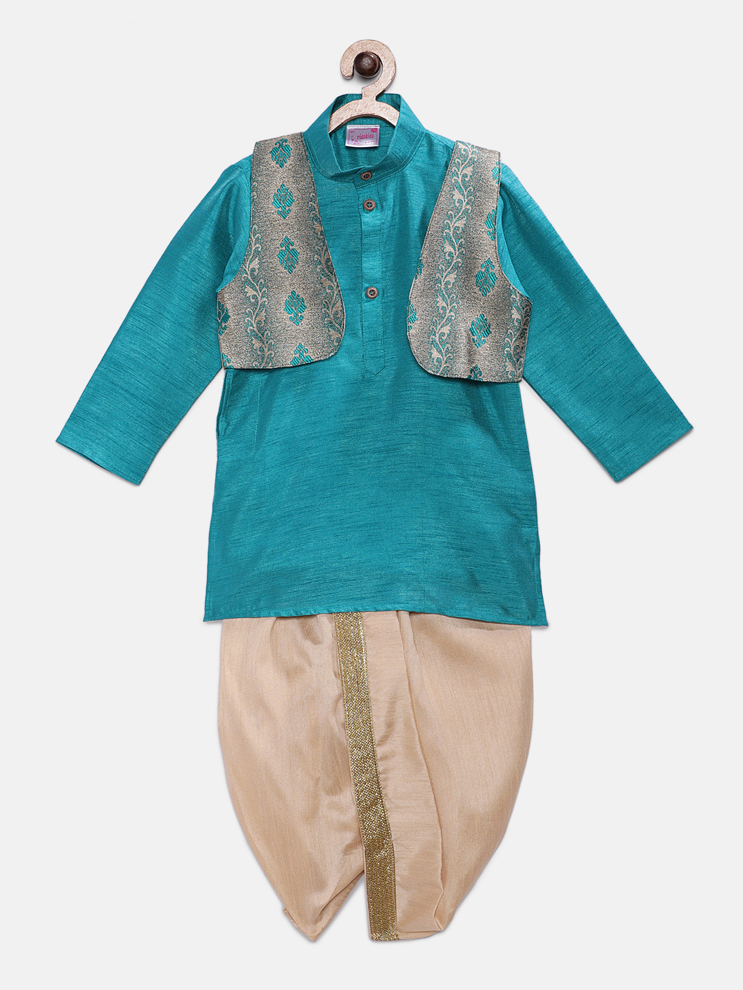 

Ridokidz Boys Turquoise Blue & Beige Solid Kurta with Pyjamas & Waistcoat