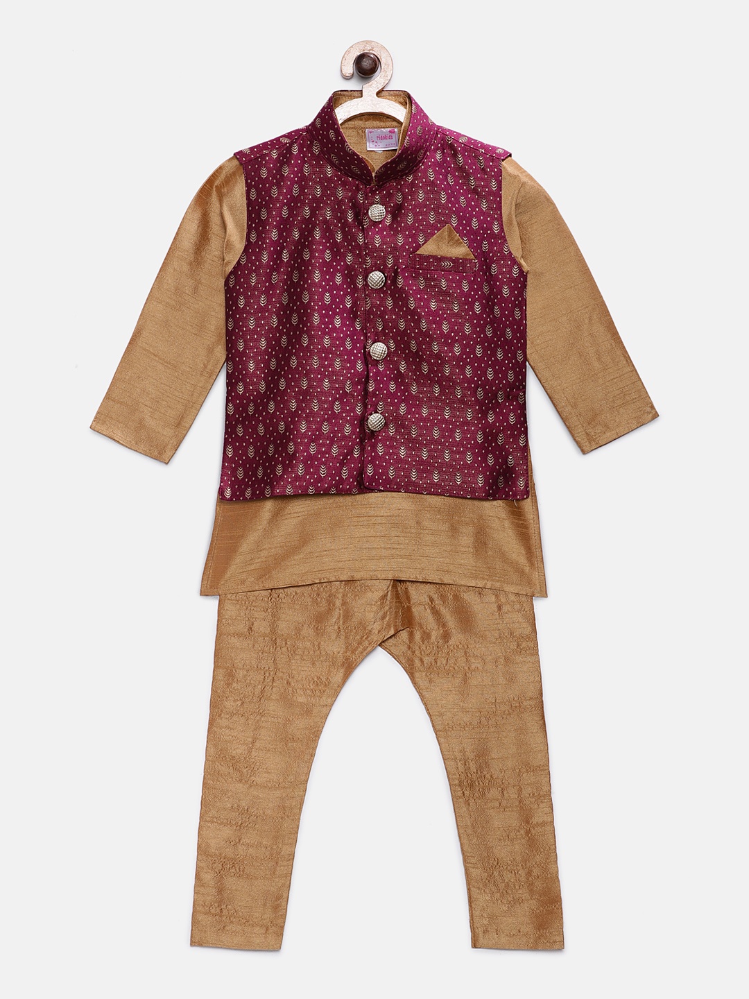 

Ridokidz Boys Gold-Toned Solid Kurta with Pyjamas & Nehru Jacket