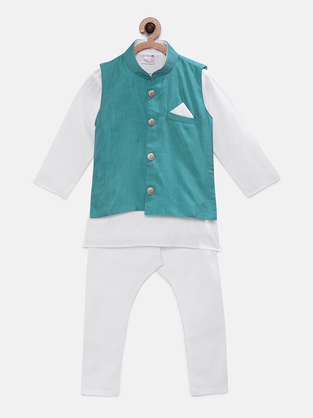 

Ridokidz Boys White & Green Solid Kurta with Pyjamas & Nehru Jacket