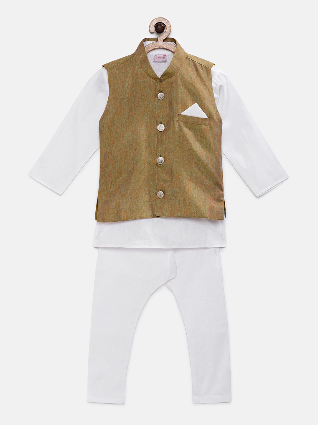 

Ridokidz Boys White & Green Solid Kurta with Pyjamas & Nehru Jacket