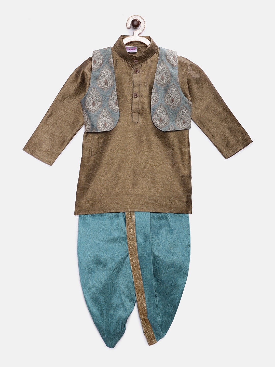 

Ridokidz Boys Gold-Toned & Green Solid Kurta with Dhoti Pants & Jacket