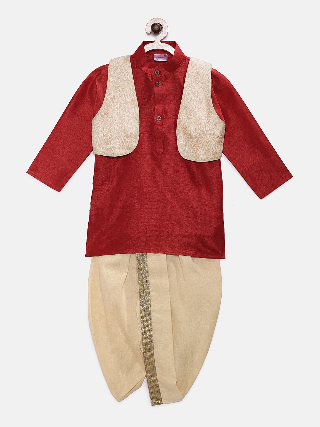 

Ridokidz Boys Red Solid Panchakattu & Waistcoat