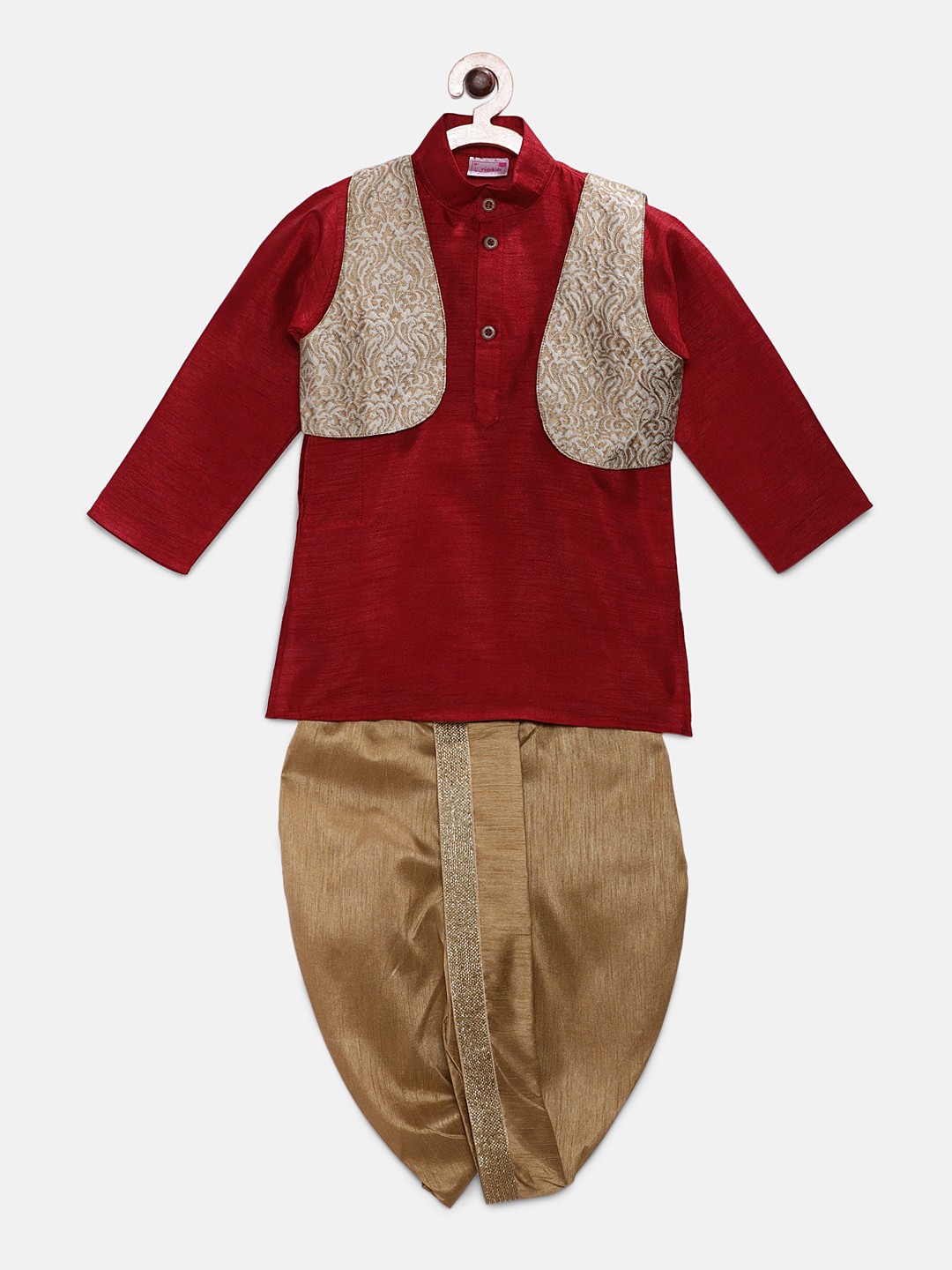 

Ridokidz Boys Maroon & Gold-Toned Solid Kurta with Dhoti Pants & Jacket