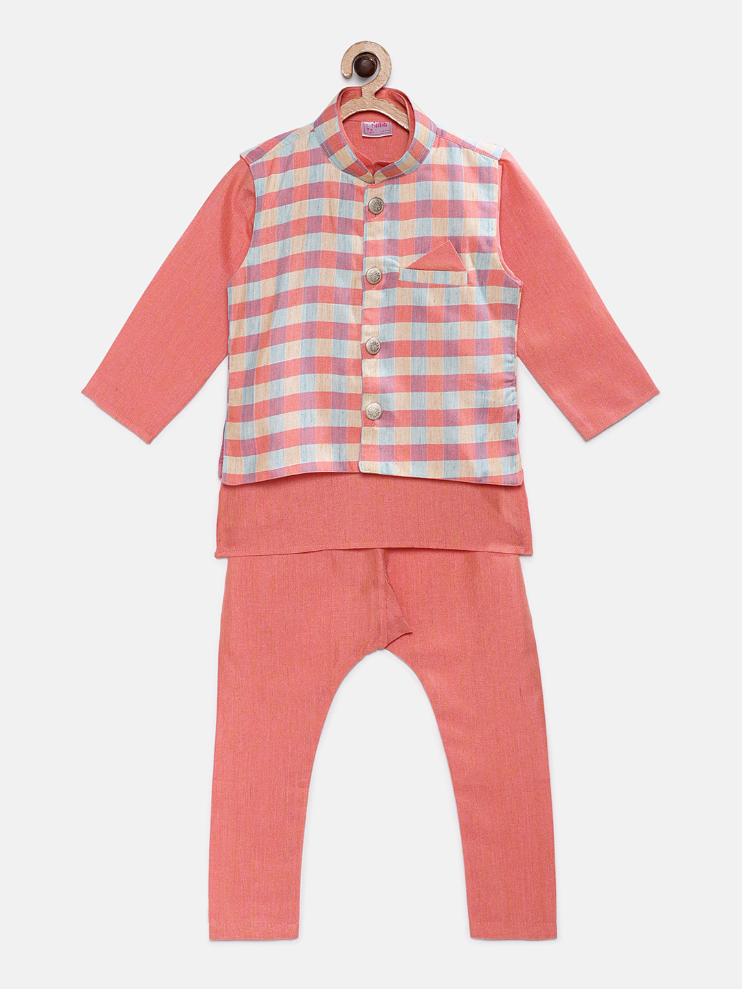 

Ridokidz Boys Peach-Coloured Solid Kurta with Pyjamas & Nehru Jacket