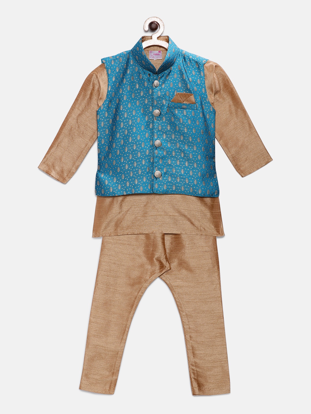 

Ridokidz Boys Gold-Toned & Turquoise Blue Solid Kurta with Pyjamas & Nehru Jacket