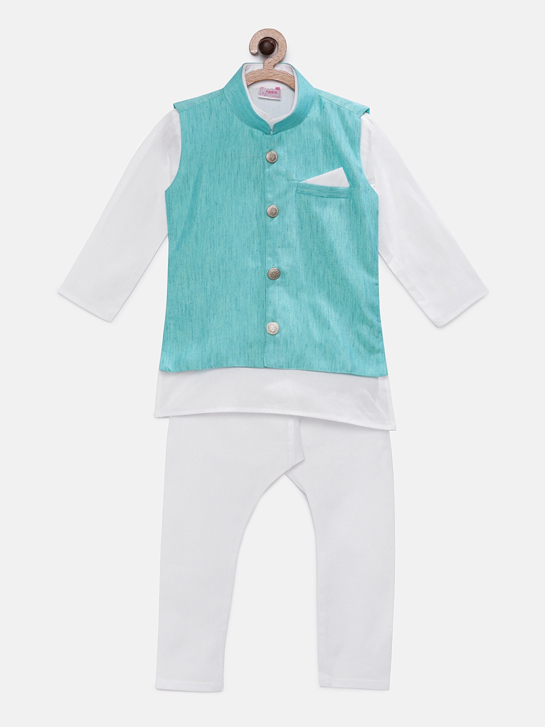 

Ridokidz Boys White & Blue Solid Kurta with Pyjamas & Nehru Jacket