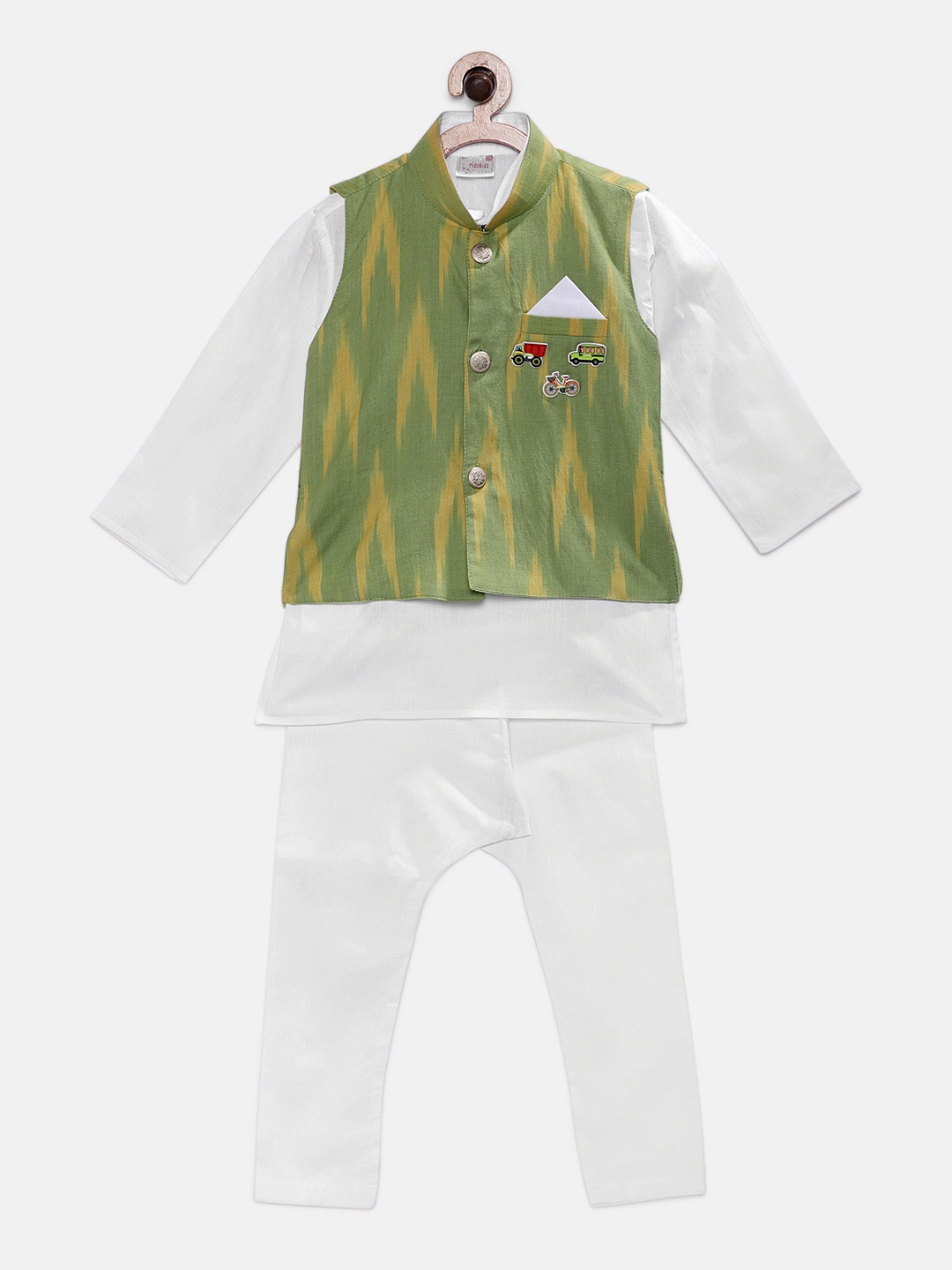 

Ridokidz Boys White & Green Solid Kurta with Pyjamas & Nehru Jacket