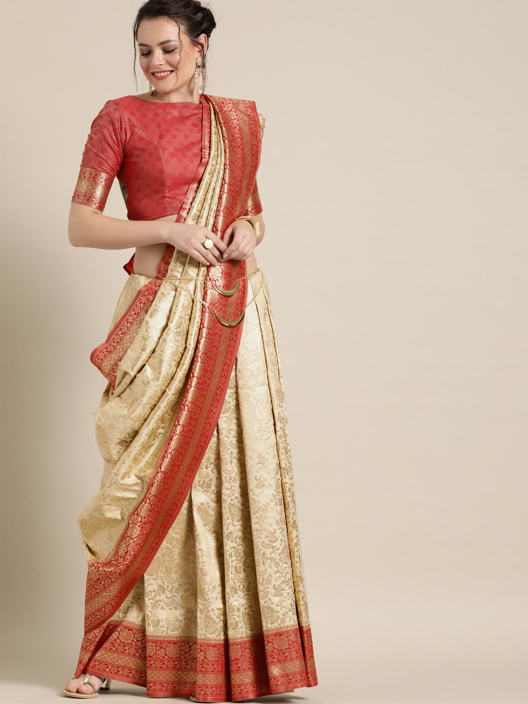 

Inddus Beige & Red Silk Blend Woven Design Saree